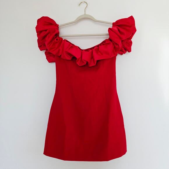LIKELY x REVOLVE Ina Ruffle Red Off The Shoulder Ruffle Mini Dress Sz 6 / Small - Picture 4 of 13